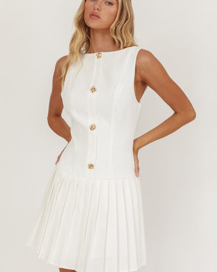 White Pleat Skirt Button Mini Dress