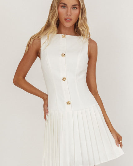 White Pleat Skirt Button Mini Dress