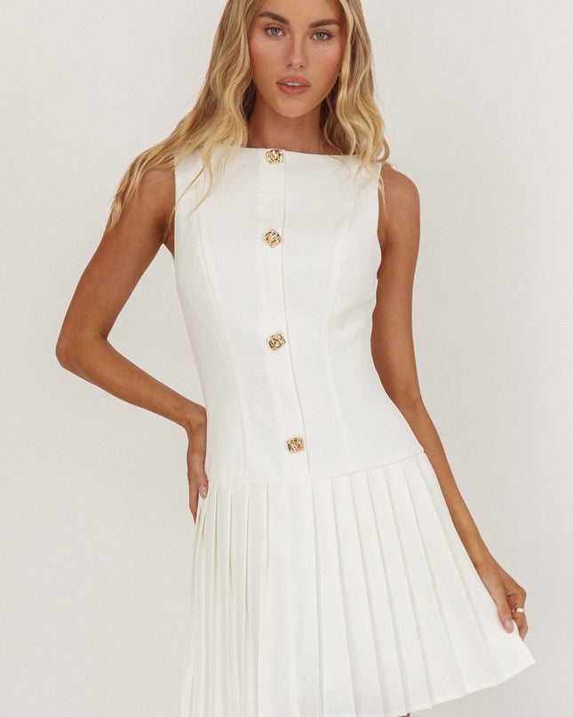 White Pleat Skirt Button Mini Dress