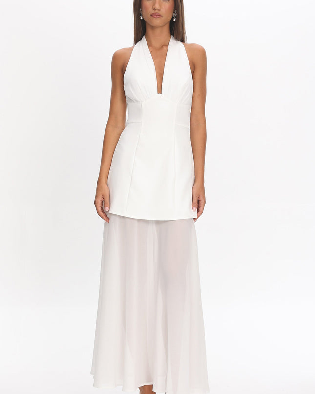 White Halterneck Layered Maxi Dress