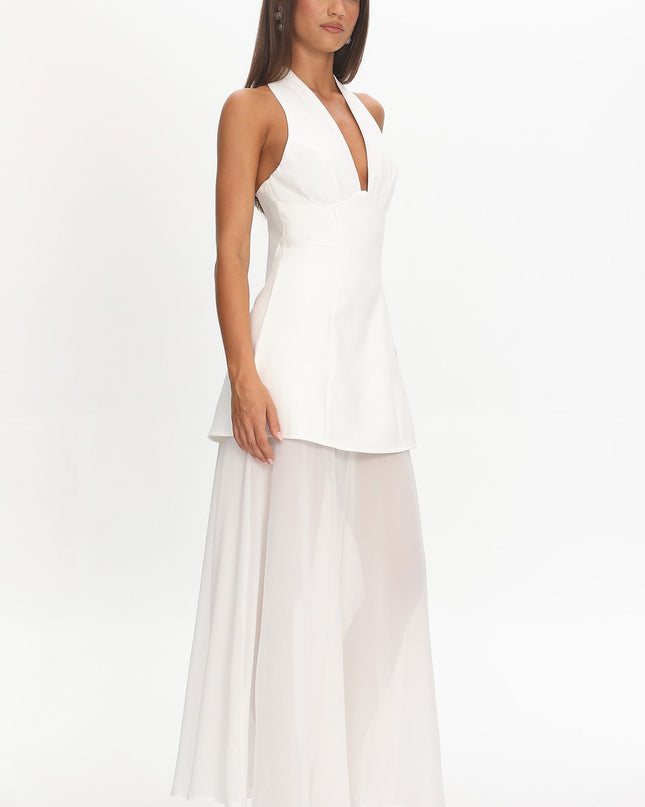 White Halterneck Layered Maxi Dress