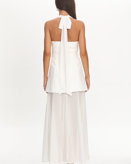 White Halterneck Layered Maxi Dress