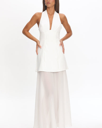 White Halterneck Layered Maxi Dress