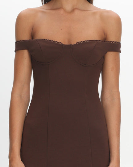 Chocolate Off-Shoulder Sheer Hem Maxi Dress