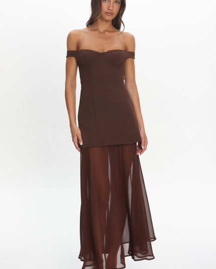 Chocolate Off-Shoulder Sheer Hem Maxi Dress