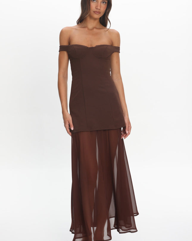 Chocolate Off-Shoulder Sheer Hem Maxi Dress