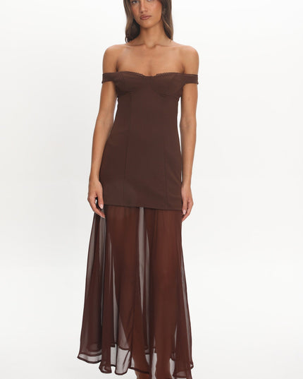 Chocolate Off-Shoulder Sheer Hem Maxi Dress