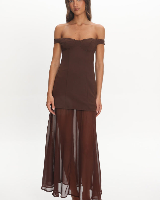 Chocolate Off-Shoulder Sheer Hem Maxi Dress