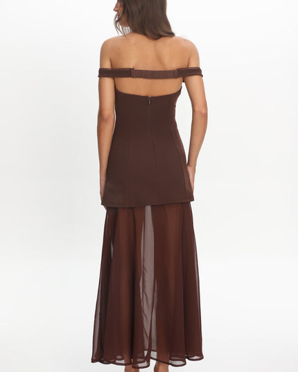 Chocolate Off-Shoulder Sheer Hem Maxi Dress