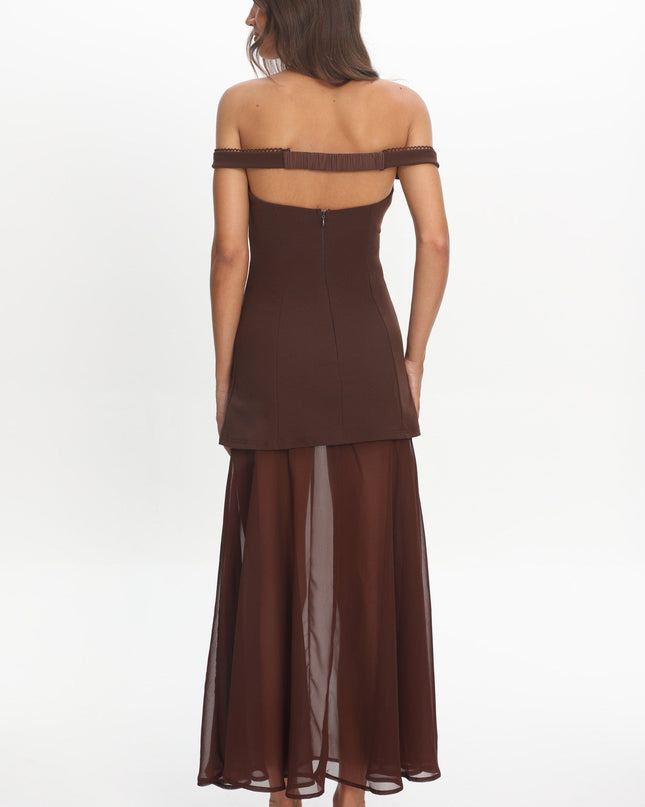 Chocolate Off-Shoulder Sheer Hem Maxi Dress