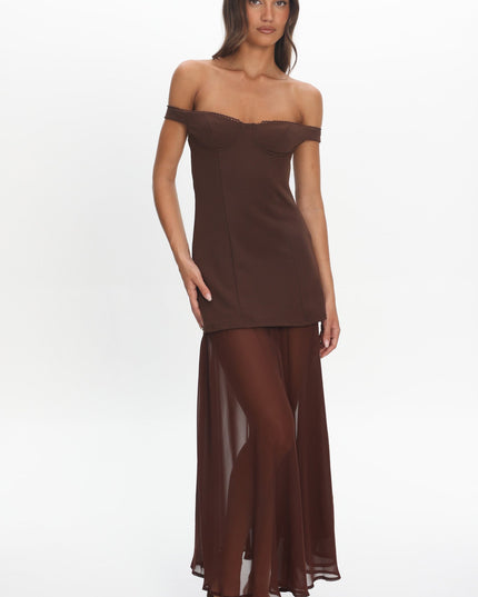 Chocolate Off-Shoulder Sheer Hem Maxi Dress