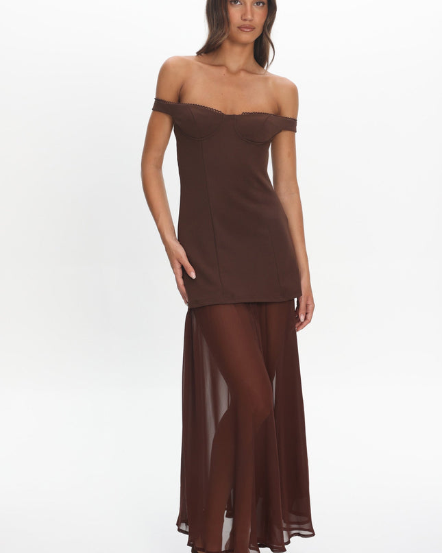 Chocolate Off-Shoulder Sheer Hem Maxi Dress