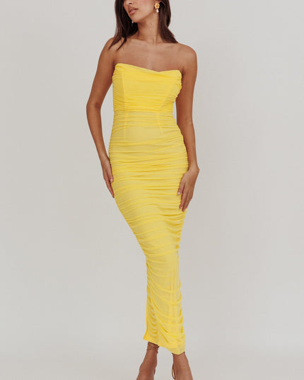 Lemon Strapless Gathered Mesh Maxi Dress