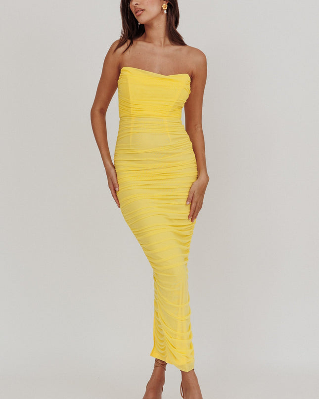 Lemon Strapless Gathered Mesh Maxi Dress