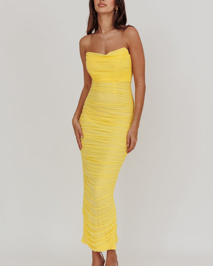 Lemon Strapless Gathered Mesh Maxi Dress