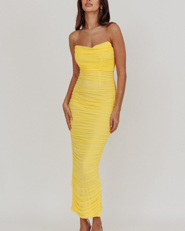 Lemon Strapless Gathered Mesh Maxi Dress