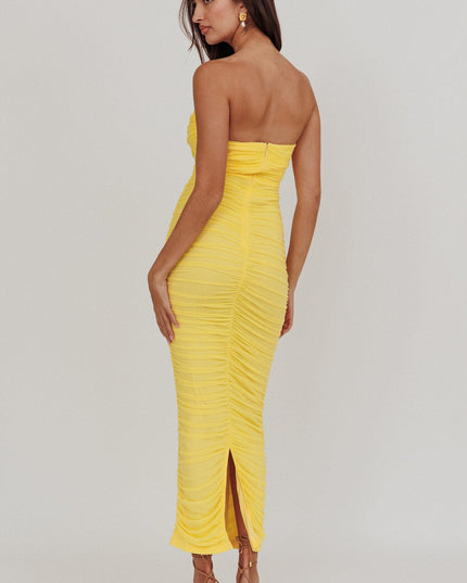 Lemon Strapless Gathered Mesh Maxi Dress