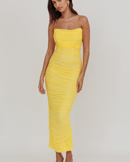 Lemon Strapless Gathered Mesh Maxi Dress