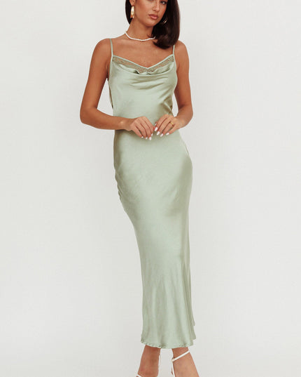 Sage Cowl Neck Satin Maxi Dress