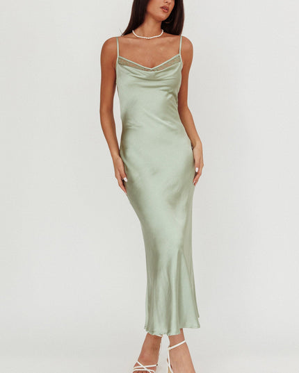 Sage Cowl Neck Satin Maxi Dress