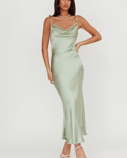 Sage Cowl Neck Satin Maxi Dress