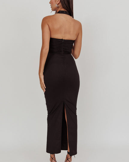 Black Halterneck Ruched Maxi Dress