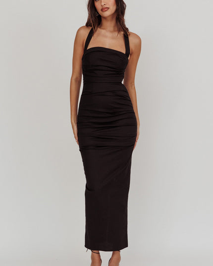 Black Halterneck Ruched Maxi Dress