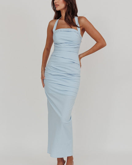 Blue Halterneck Ruched Maxi Dress