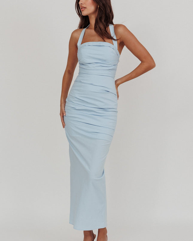 Blue Halterneck Ruched Maxi Dress