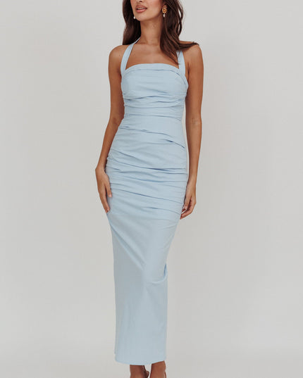 Blue Halterneck Ruched Maxi Dress
