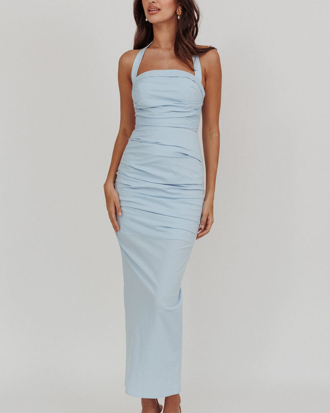 Blue Halterneck Ruched Maxi Dress