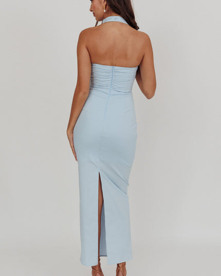 Blue Halterneck Ruched Maxi Dress