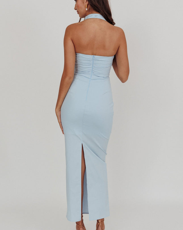 Blue Halterneck Ruched Maxi Dress