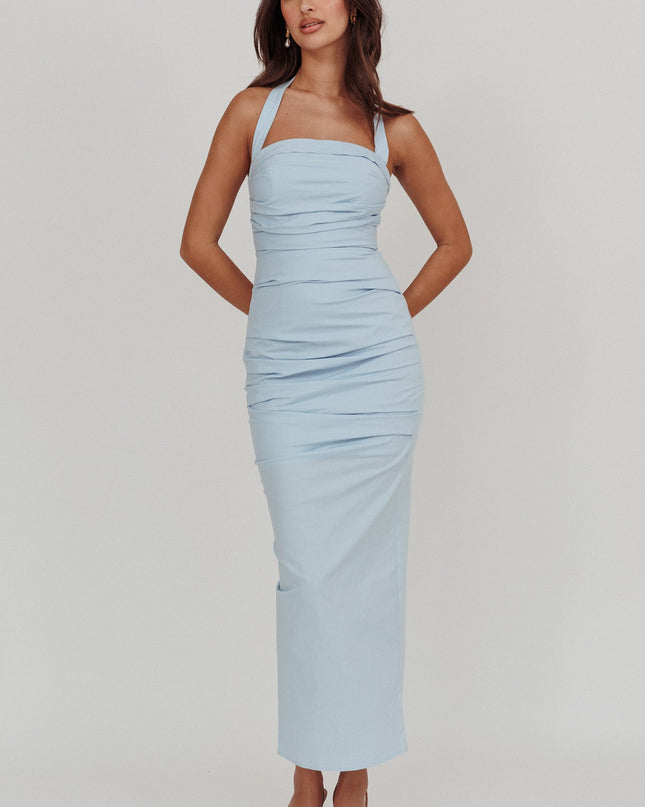 Blue Halterneck Ruched Maxi Dress