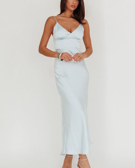 Ice Blue Satin Backless Maxi Dress