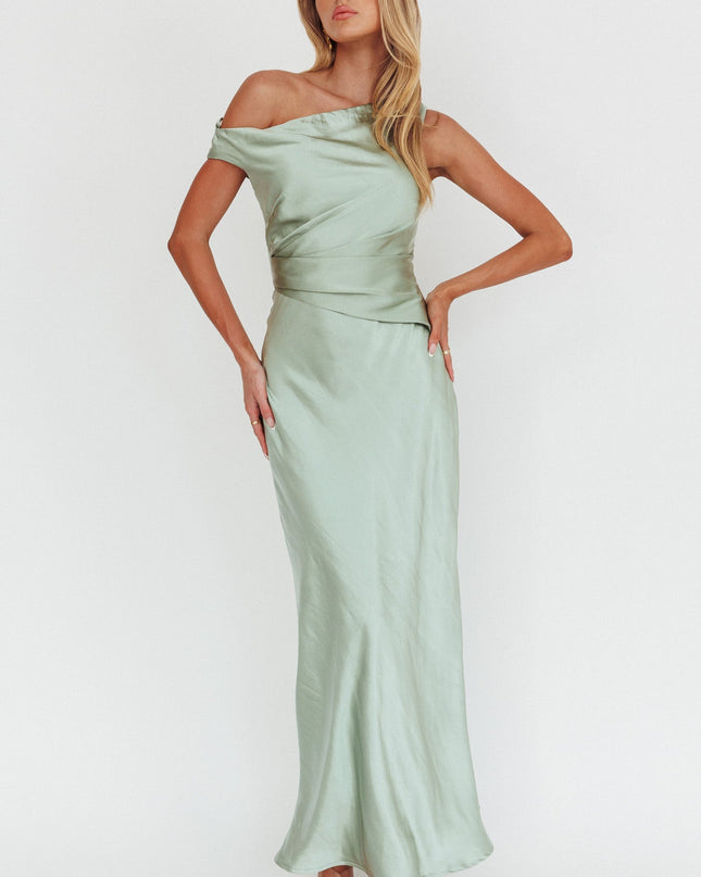 Sage Asymmetric Neckline Maxi Dress