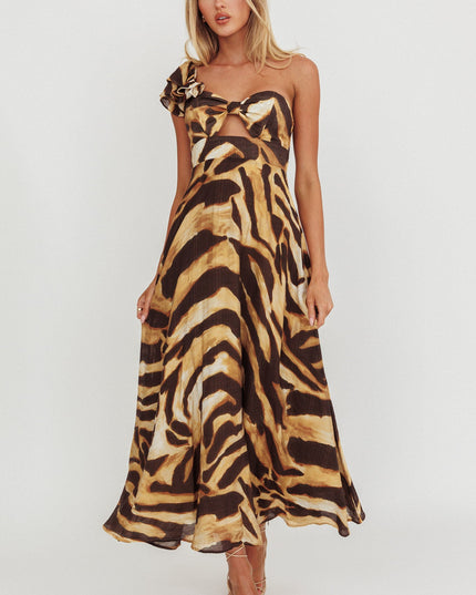 Leopard One Shoulder Ruffle Maxi Dress