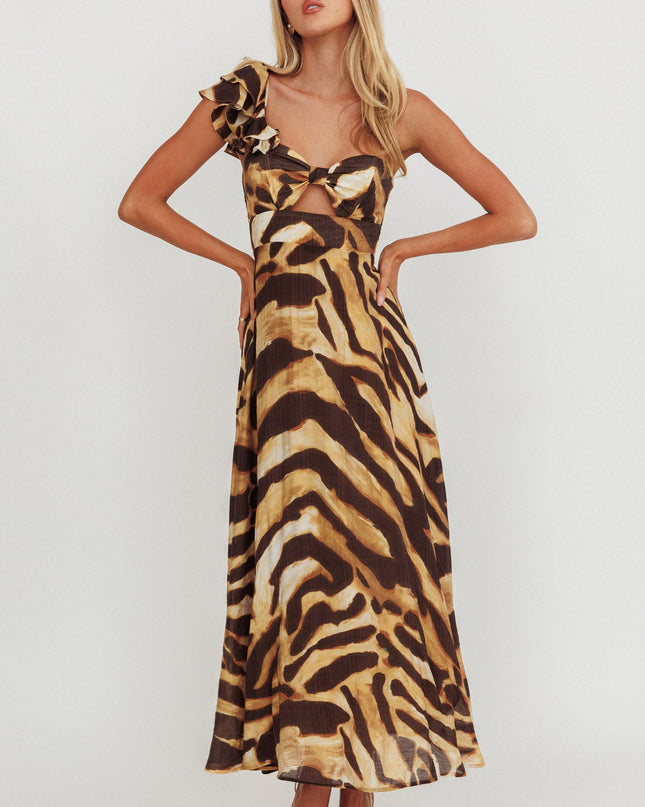Leopard One Shoulder Ruffle Maxi Dress