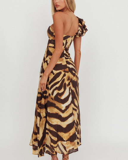 Leopard One Shoulder Ruffle Maxi Dress