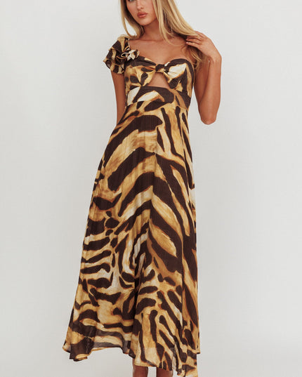 Leopard One Shoulder Ruffle Maxi Dress