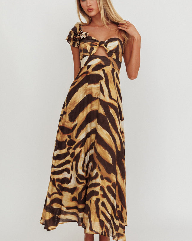 Leopard One Shoulder Ruffle Maxi Dress