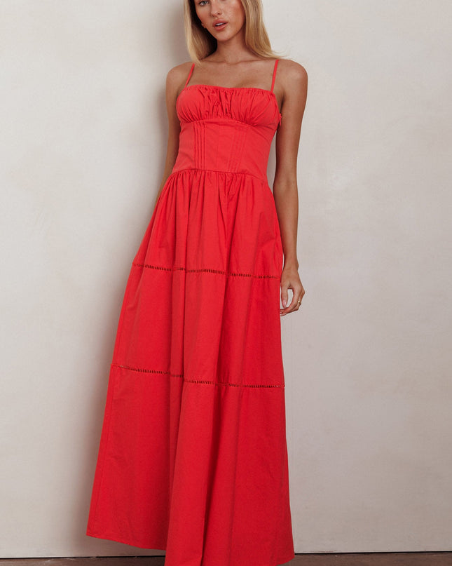 Red Gathered Bust A-Line Maxi Dress
