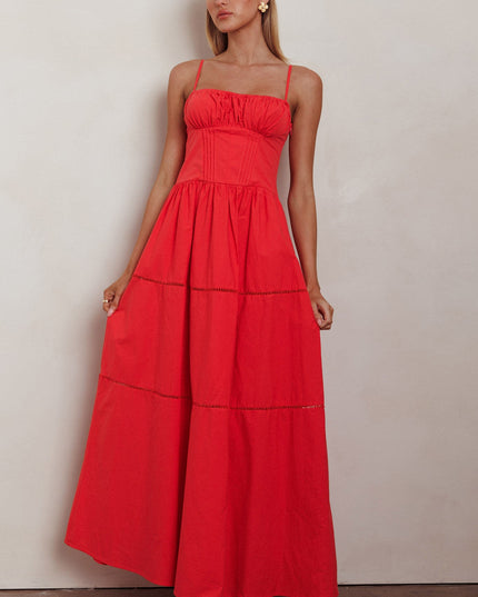 Red Gathered Bust A-Line Maxi Dress