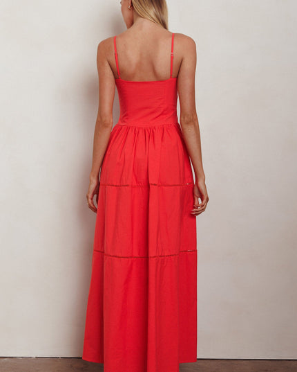 Red Gathered Bust A-Line Maxi Dress