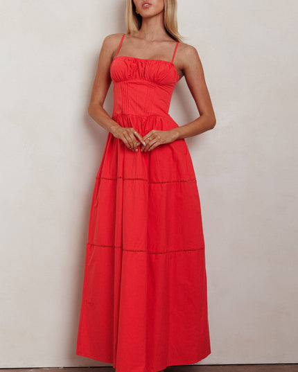 Red Gathered Bust A-Line Maxi Dress