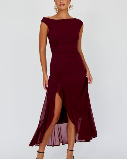 Wine Asymmetric Neckline Maxi Dress