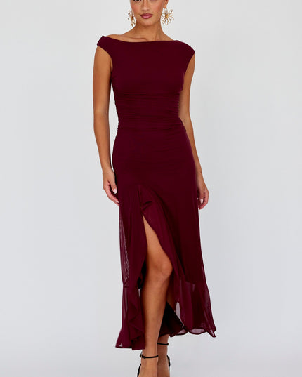 Wine Asymmetric Neckline Maxi Dress