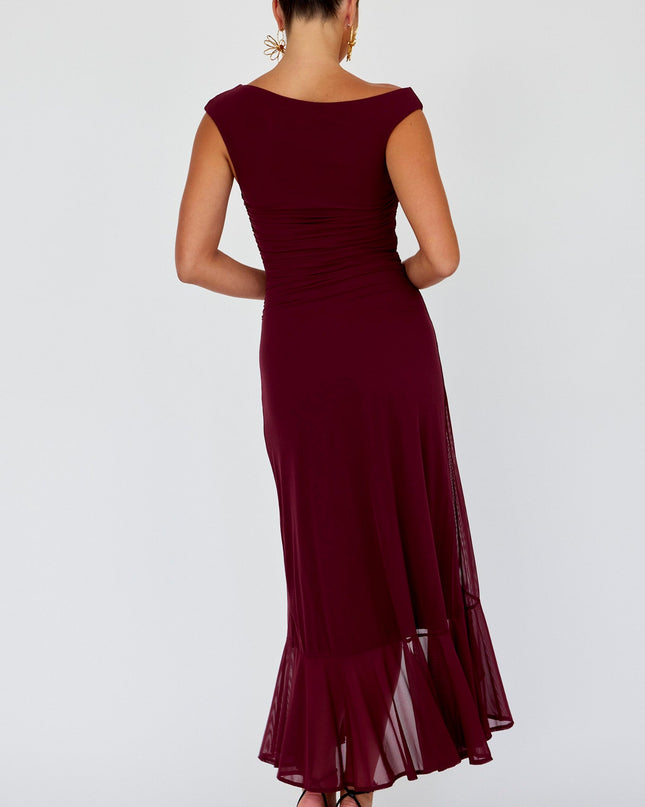 Wine Asymmetric Neckline Maxi Dress