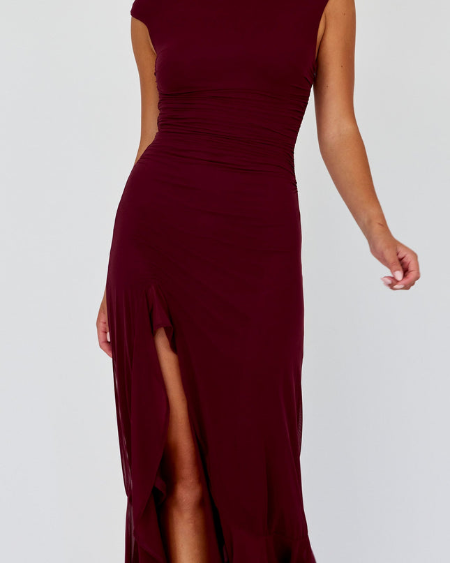 Wine Asymmetric Neckline Maxi Dress