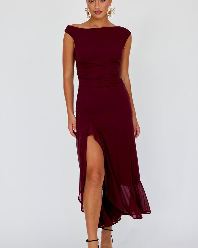 Wine Asymmetric Neckline Maxi Dress